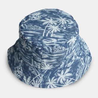 Unisex Bomull Dubbelsidigt Överlägg Coconut Tree Mönster Outdoor Sunshade Bucket Hat