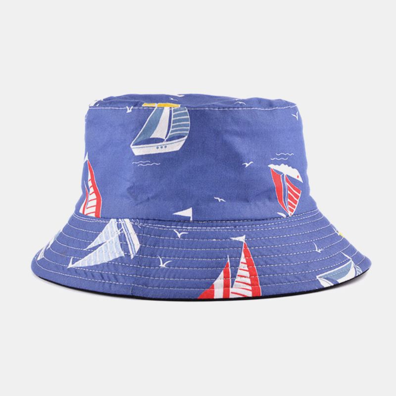 Unisex Bomull Dubbelsidigt Randmönster Segelbåt Ankare Roder Utskrift Utomhus Wild Sunshade Bucket Hat