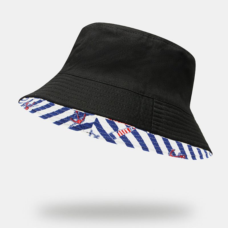 Unisex Bomull Dubbelsidigt Randmönster Segelbåt Ankare Roder Utskrift Utomhus Wild Sunshade Bucket Hat