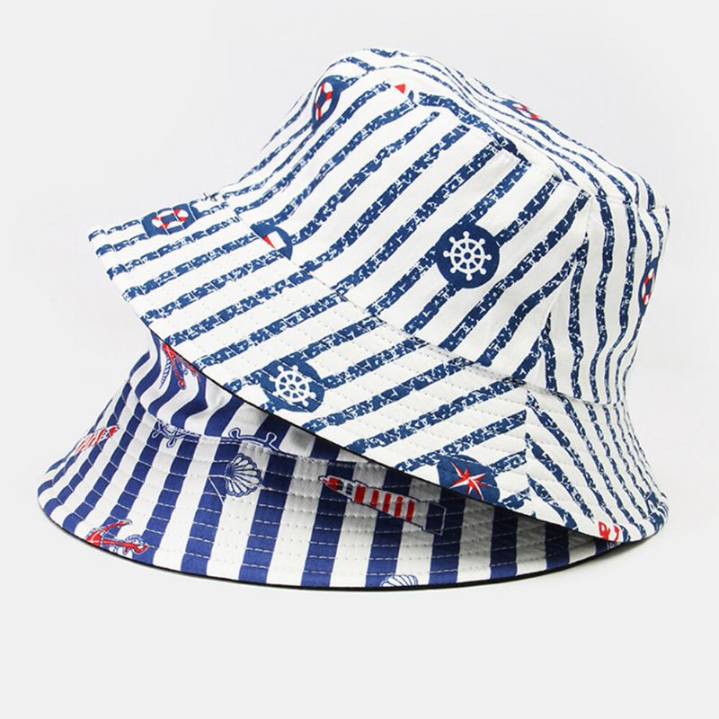 Unisex Bomull Dubbelsidigt Randmönster Segelbåt Ankare Roder Utskrift Utomhus Wild Sunshade Bucket Hat