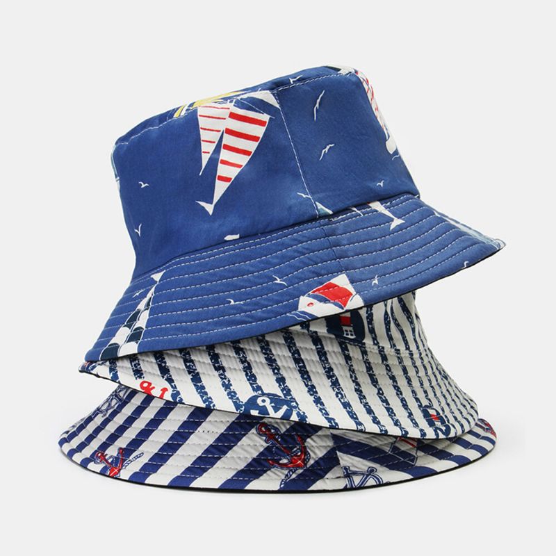 Unisex Bomull Dubbelsidigt Randmönster Segelbåt Ankare Roder Utskrift Utomhus Wild Sunshade Bucket Hat