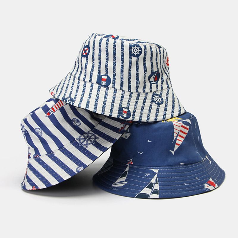 Unisex Bomull Dubbelsidigt Randmönster Segelbåt Ankare Roder Utskrift Utomhus Wild Sunshade Bucket Hat