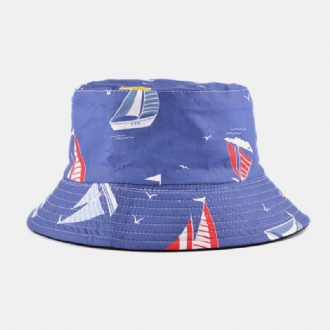 Unisex Bomull Dubbelsidigt Randmönster Segelbåt Ankare Roder Utskrift Utomhus Wild Sunshade Bucket Hat