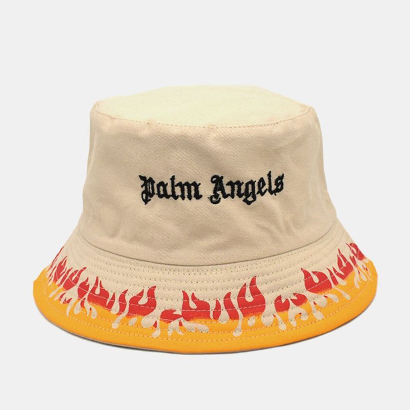 Unisex Bomull Dubbelsidigt Slitage Flame Printing Brev Broderad Bucket Hat Mode Hopfällbar Andningsbar Solskyddshatt