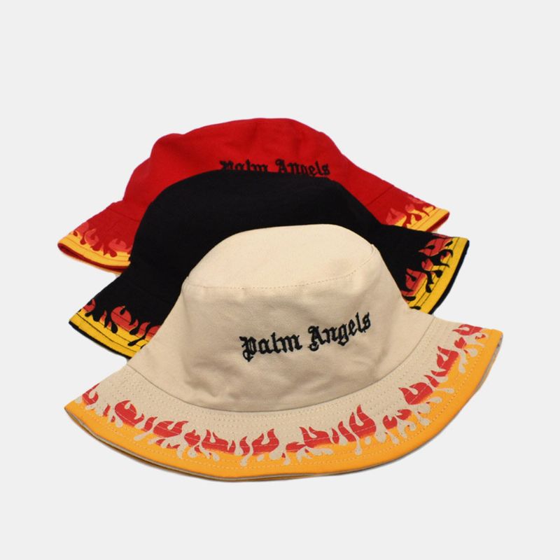 Unisex Bomull Dubbelsidigt Slitage Flame Printing Brev Broderad Bucket Hat Mode Hopfällbar Andningsbar Solskyddshatt