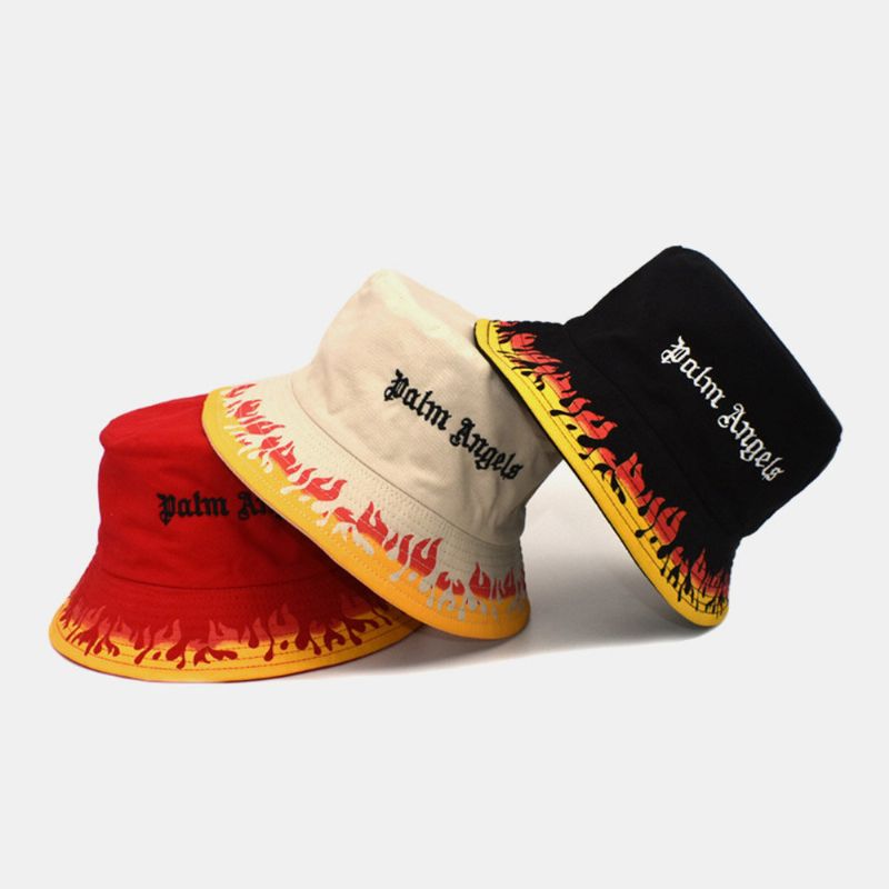 Unisex Bomull Dubbelsidigt Slitage Flame Printing Brev Broderad Bucket Hat Mode Hopfällbar Andningsbar Solskyddshatt