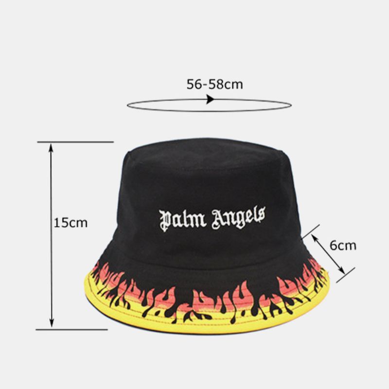 Unisex Bomull Dubbelsidigt Slitage Flame Printing Brev Broderad Bucket Hat Mode Hopfällbar Andningsbar Solskyddshatt