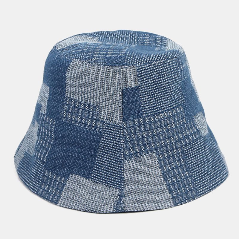 Unisex Bomull Pläd Colorblock Denim Distressed Vintage Casual Solskydd Vikbara Platta Hattar Bucket Hats