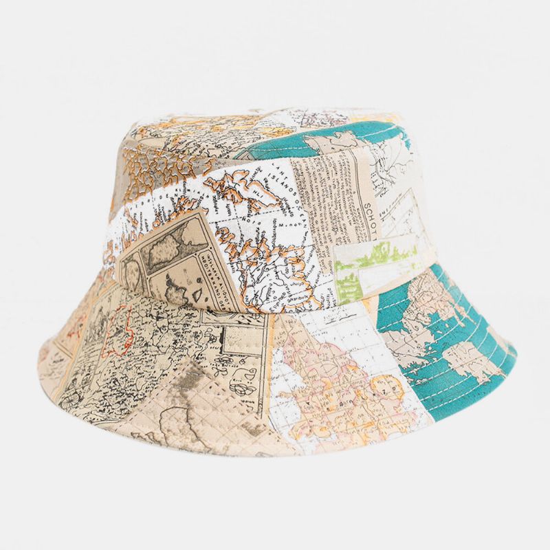 Unisex Bomull Världskarta Mönster Utomhus Casual Solskydd Hatt Bucket Hat Skicka Vindtätt Rep