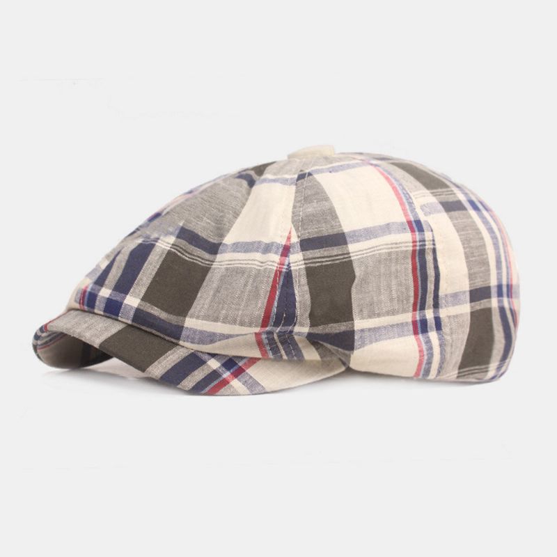 Unisex Bomullsbaskerkeps Rutigt Mönster Casual Retro Solskydd Newsboy Hatt Framåt Keps Åttkantig Hatt