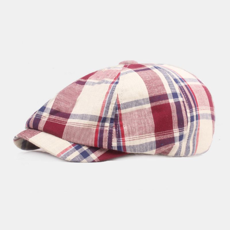 Unisex Bomullsbaskerkeps Rutigt Mönster Casual Retro Solskydd Newsboy Hatt Framåt Keps Åttkantig Hatt