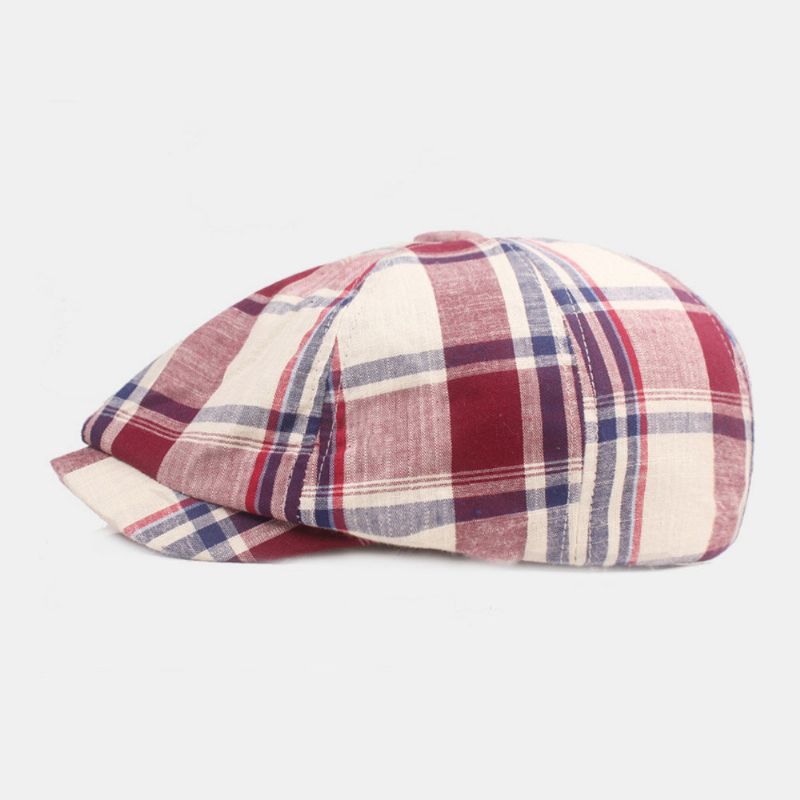 Unisex Bomullsbaskerkeps Rutigt Mönster Casual Retro Solskydd Newsboy Hatt Framåt Keps Åttkantig Hatt