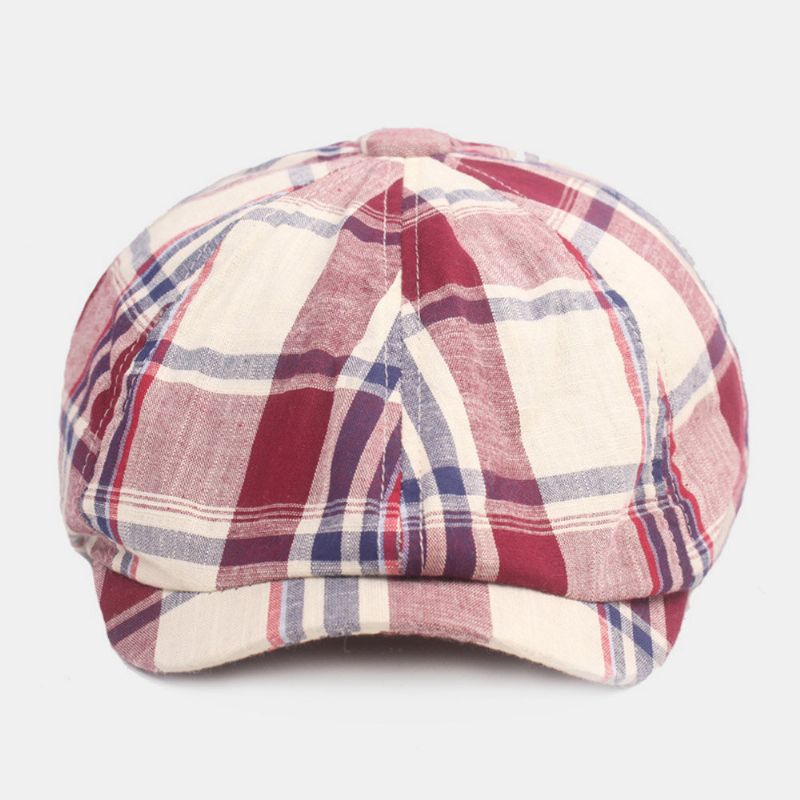 Unisex Bomullsbaskerkeps Rutigt Mönster Casual Retro Solskydd Newsboy Hatt Framåt Keps Åttkantig Hatt