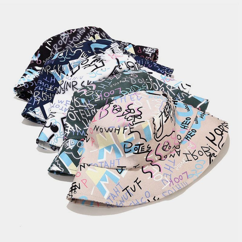 Unisex Bomullsbokstäver Graffitimönstertryck Mode Sunscreen Bucket Hat