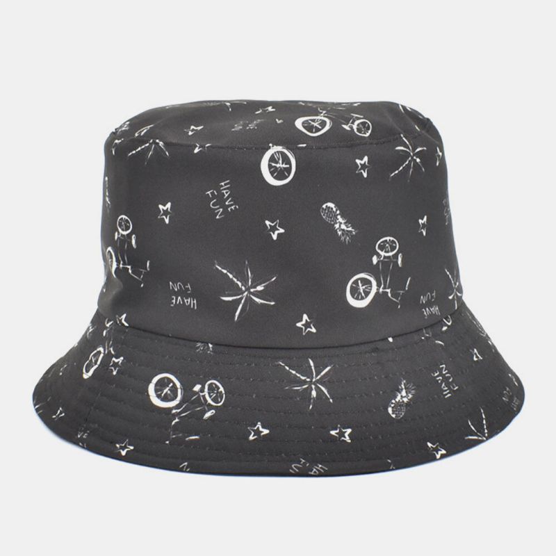 Unisex Bomullsbrev Tecknad Mönstertryck Dubbelsidig Bärbar Bucket Hatt