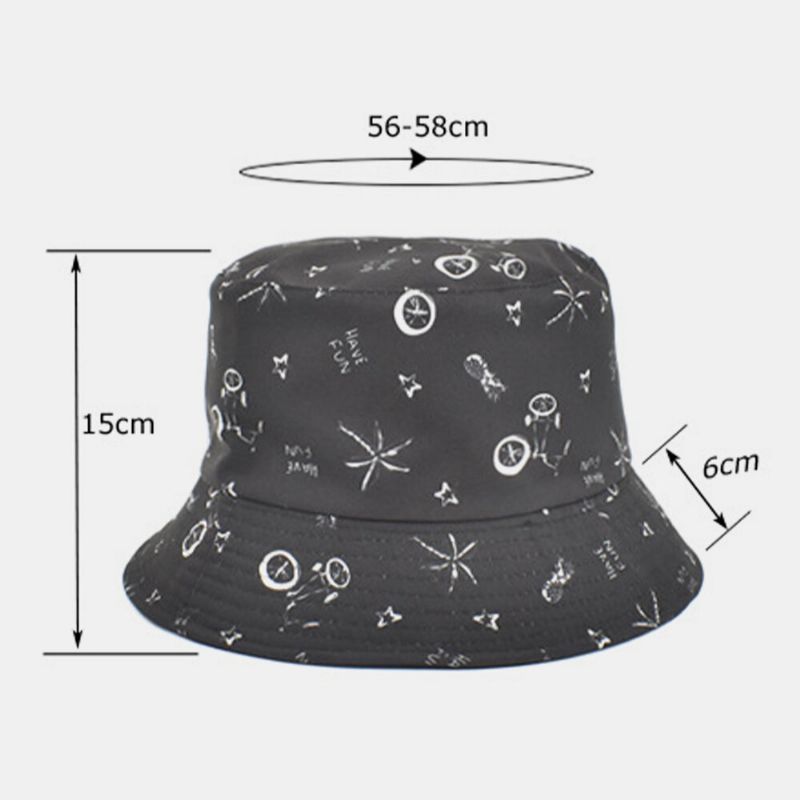 Unisex Bomullsbrev Tecknad Mönstertryck Dubbelsidig Bärbar Bucket Hatt