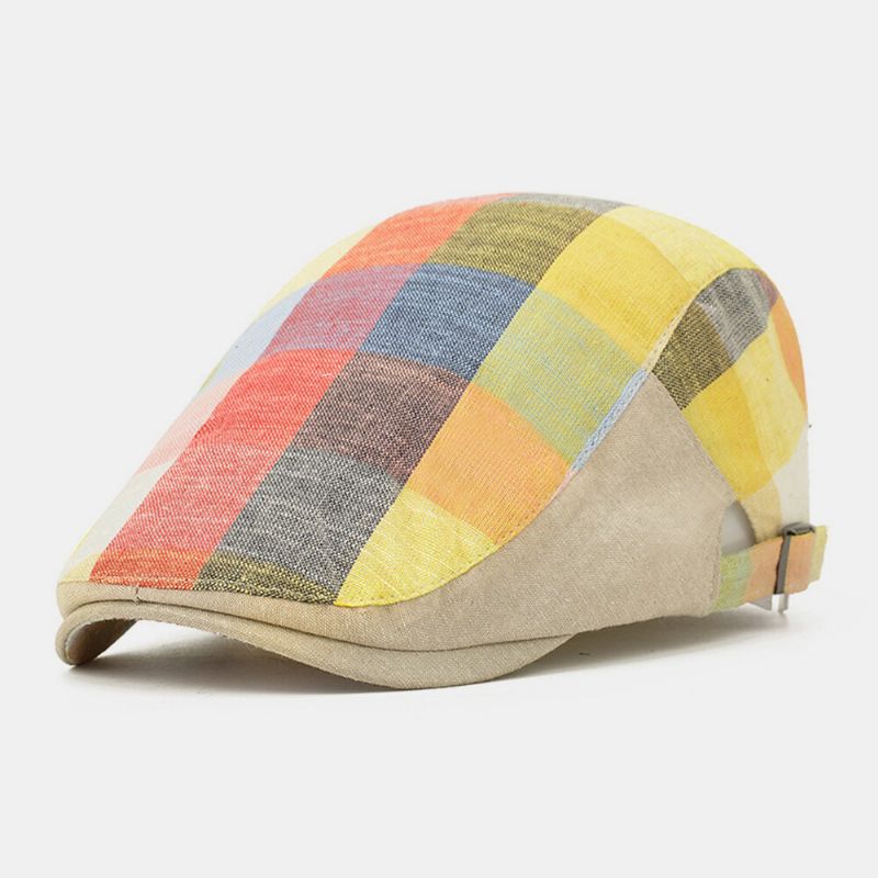 Unisex Bomullsfärg Sömmar Rutad Solskyddsmössa Justerbar Framåt Cap Flat Hat Basker Cap