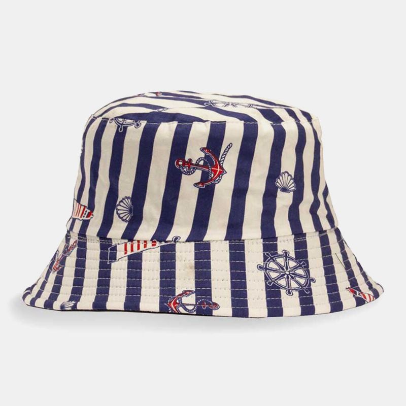 Unisex Bomullsrandigt Segelbåtsmönster Utomhus Casual Sunshade Bucket Hat