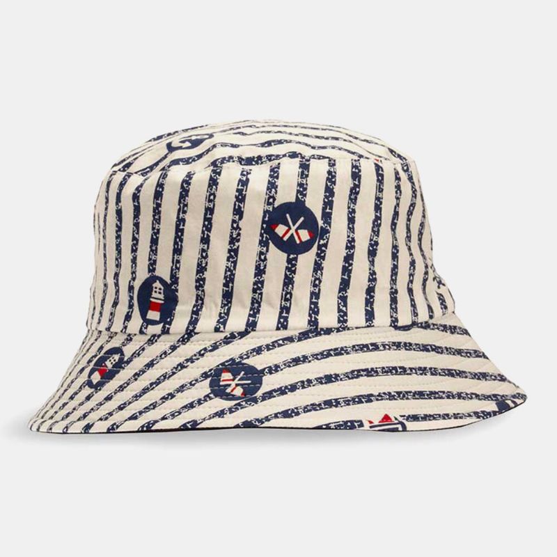 Unisex Bomullsrandigt Segelbåtsmönster Utomhus Casual Sunshade Bucket Hat