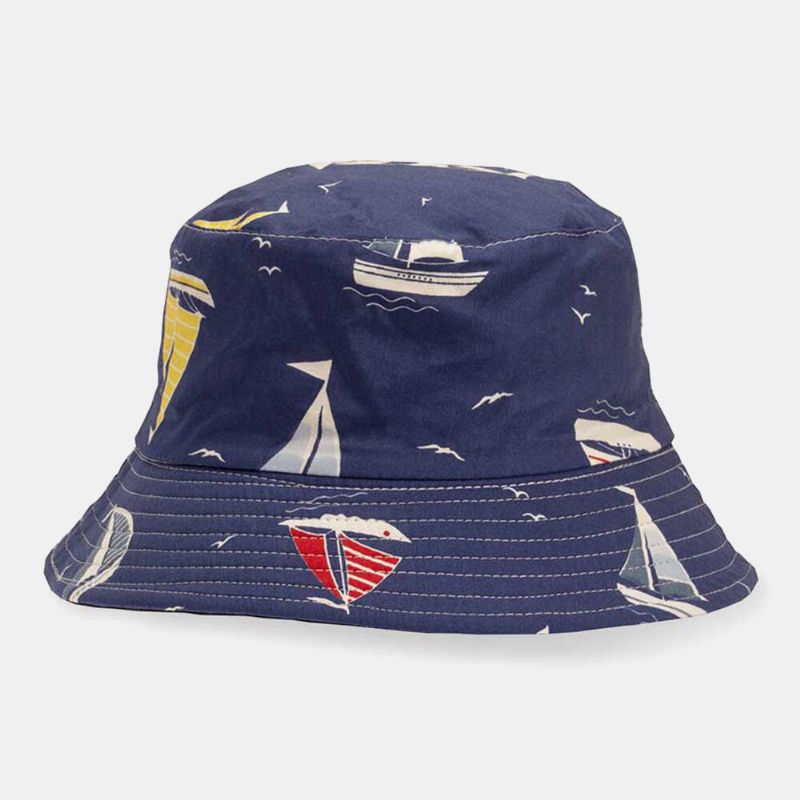 Unisex Bomullsrandigt Segelbåtsmönster Utomhus Casual Sunshade Bucket Hat