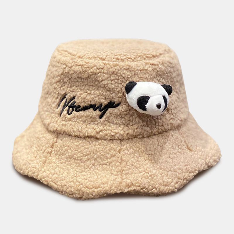 Unisex Bucket Hat Plysch Brevbroderi Panda Docka Dekorerad All-match Warm Bucket Hat