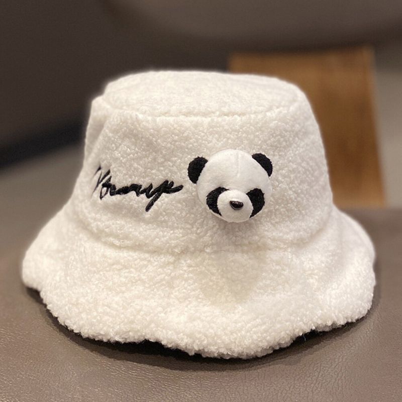 Unisex Bucket Hat Plysch Brevbroderi Panda Docka Dekorerad All-match Warm Bucket Hat