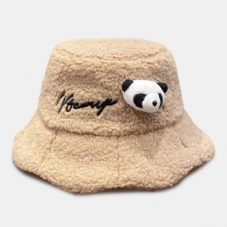 Unisex Bucket Hat Plysch Brevbroderi Panda Docka Dekorerad All-match Warm Bucket Hat