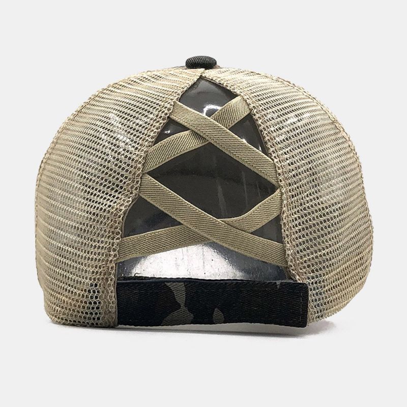 Unisex Camouflage Stretch Fit Keps Mesh Andas Trucker Hat Cross Hästsvans Baseball Keps