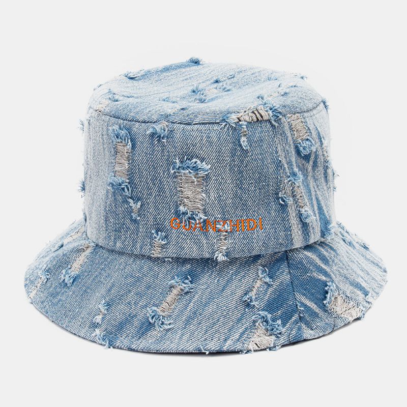 Unisex Denim Brevmönster Broderi Skadad Made Old Fashion Bucket Hat