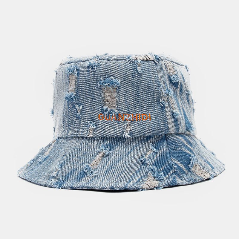 Unisex Denim Brevmönster Broderi Skadad Made Old Fashion Bucket Hat