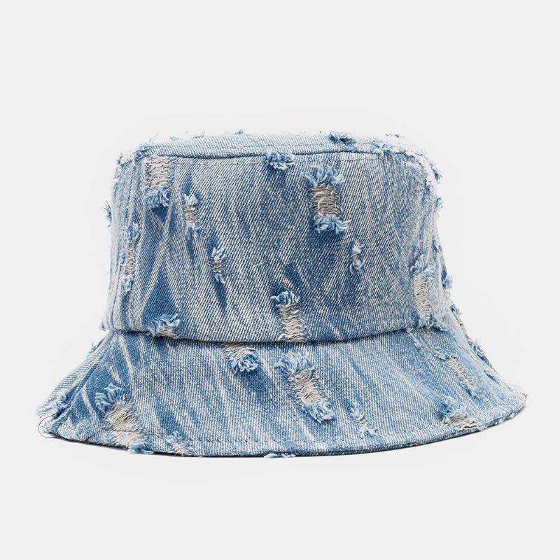 Unisex Denim Brevmönster Broderi Skadad Made Old Fashion Bucket Hat