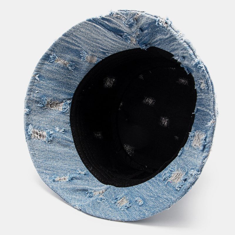 Unisex Denim Brevmönster Broderi Skadad Made Old Fashion Bucket Hat