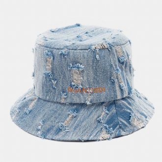 Unisex Denim Brevmönster Broderi Skadad Made Old Fashion Bucket Hat