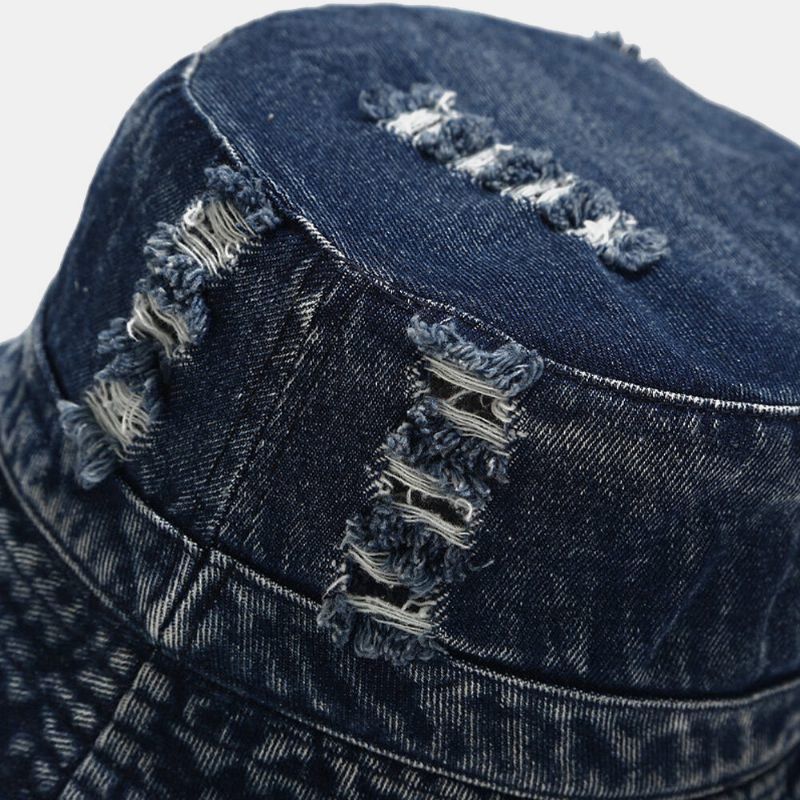 Unisex Denim Brutna Hål Gjorda Gammalmode Utomhussolskydd Bucket Hat