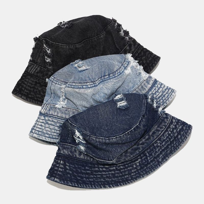 Unisex Denim Brutna Hål Gjorda Gammalmode Utomhussolskydd Bucket Hat