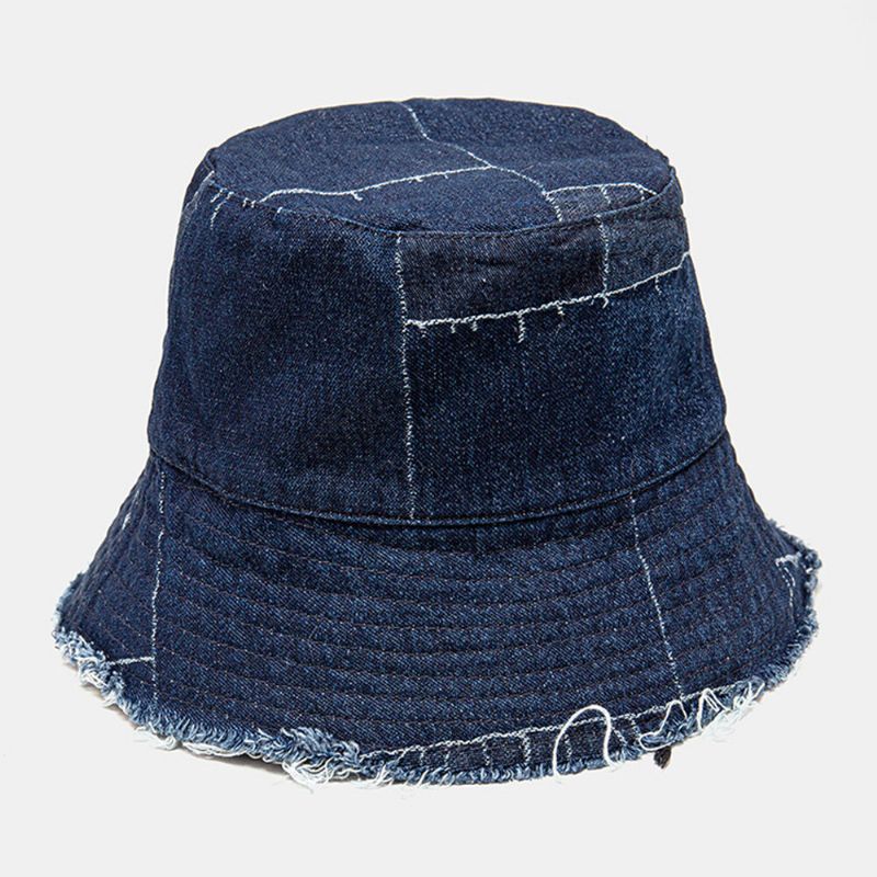 Unisex Denim Distressed Frayed Edge Vintage Casual Solskydd Vikbara Platta Hattar Bucket Hats