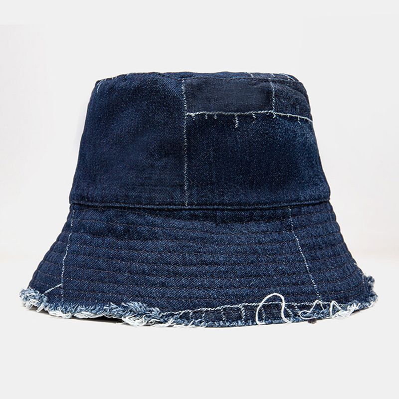 Unisex Denim Distressed Frayed Edge Vintage Casual Solskydd Vikbara Platta Hattar Bucket Hats