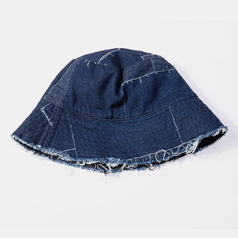 Unisex Denim Distressed Frayed Edge Vintage Casual Solskydd Vikbara Platta Hattar Bucket Hats