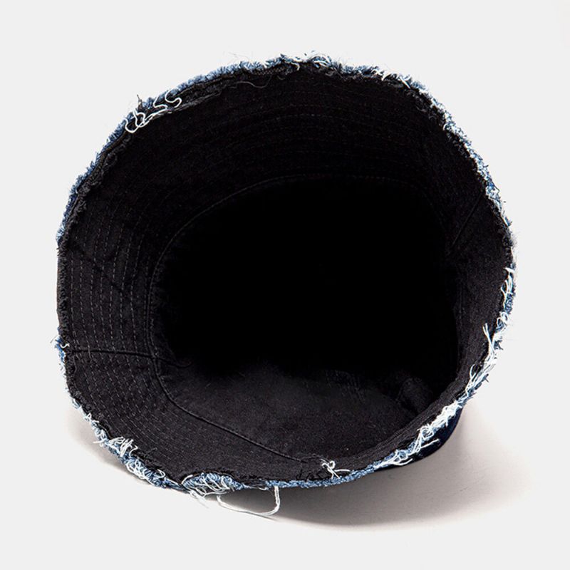 Unisex Denim Distressed Frayed Edge Vintage Casual Solskydd Vikbara Platta Hattar Bucket Hats