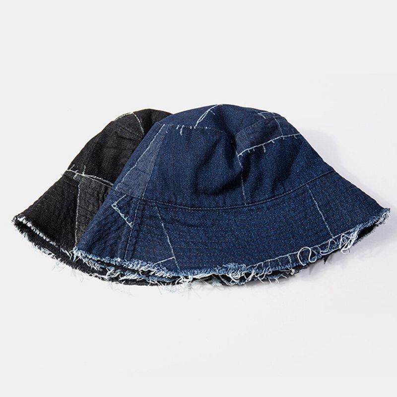 Unisex Denim Distressed Frayed Edge Vintage Casual Solskydd Vikbara Platta Hattar Bucket Hats