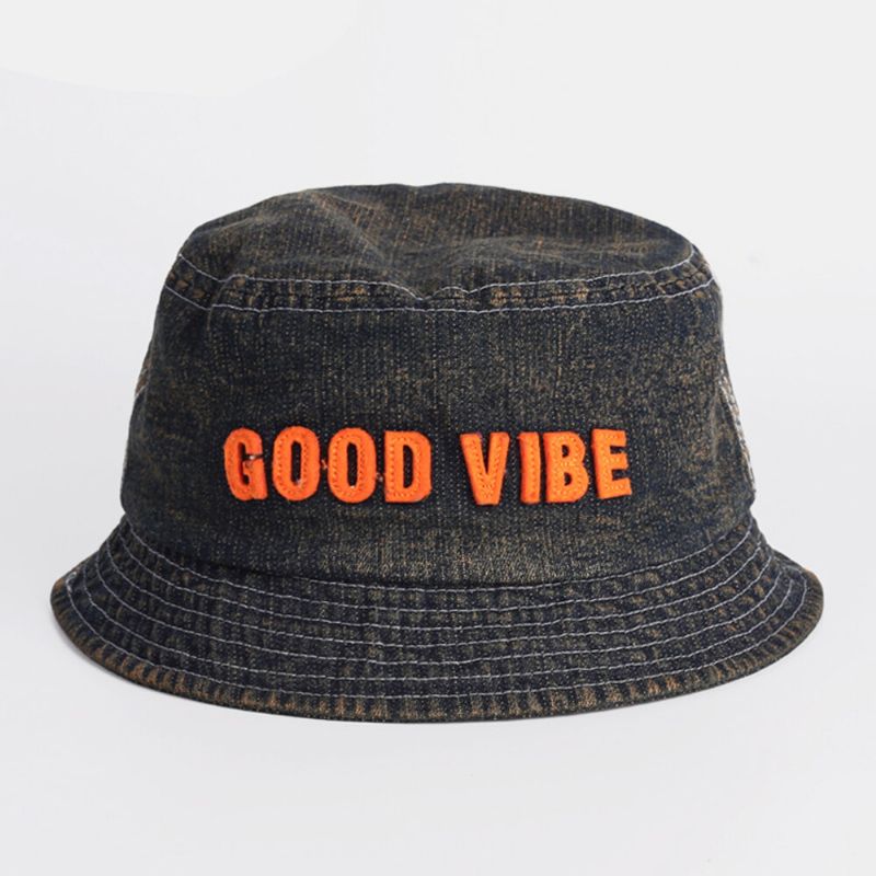 Unisex Denim Gjorda Gamla Bokstäver Mönster Mode Utomhussolskydd Bucket Hat