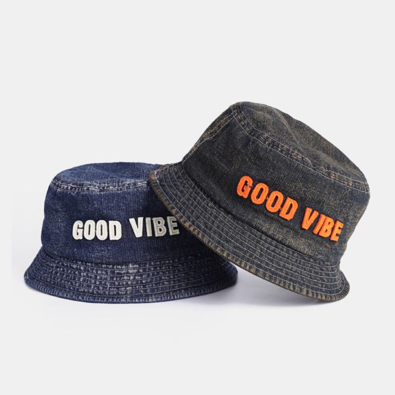 Unisex Denim Gjorda Gamla Bokstäver Mönster Mode Utomhussolskydd Bucket Hat