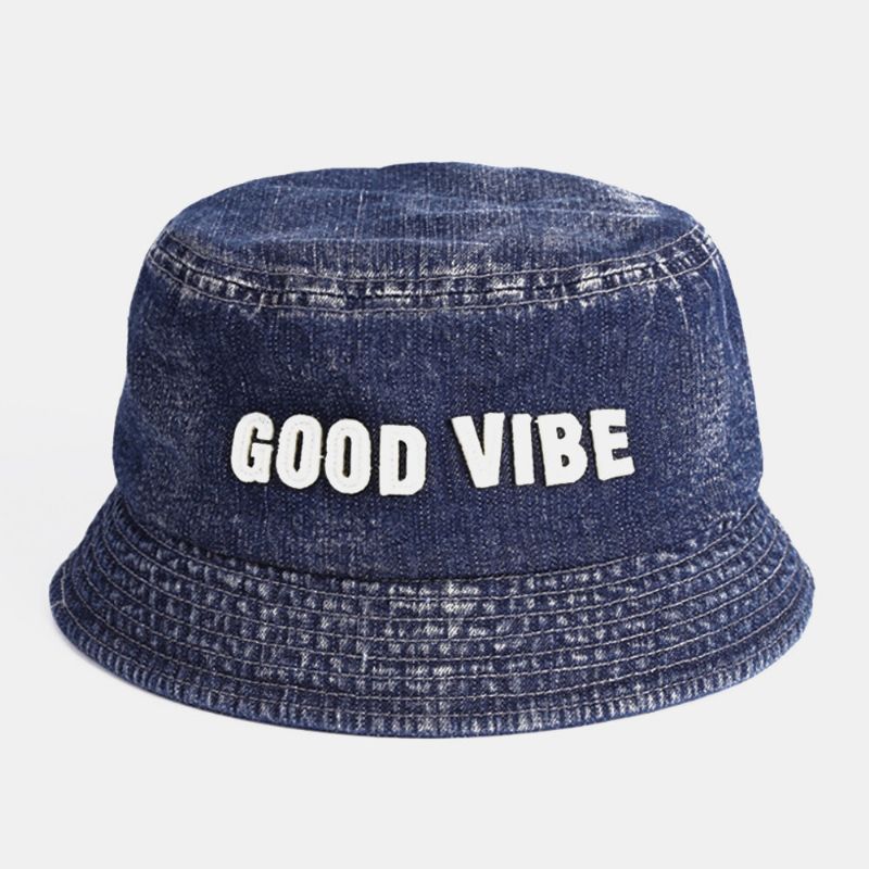 Unisex Denim Gjorda Gamla Bokstäver Mönster Mode Utomhussolskydd Bucket Hat