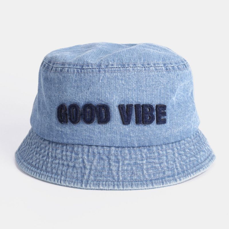 Unisex Denim Gjorda Gamla Bokstäver Mönster Mode Utomhussolskydd Bucket Hat