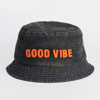 Unisex Denim Gjorda Gamla Bokstäver Mönster Mode Utomhussolskydd Bucket Hat