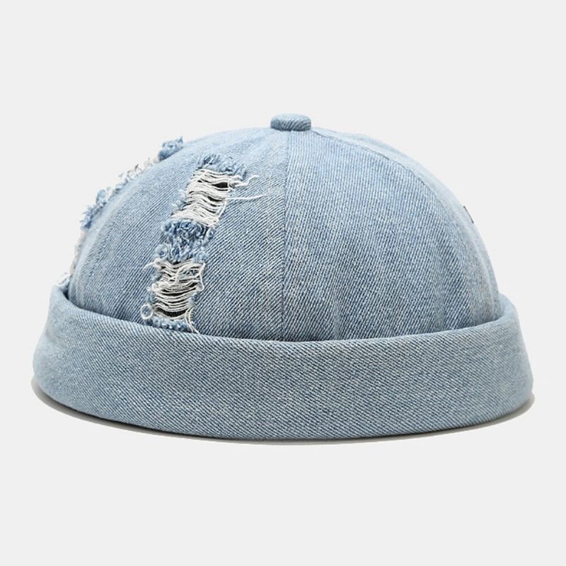 Unisex Denim Trasiga Hål Gjorda Gammalmode Utomhus Brättelös Mössa Hyresvärd Keps Skull Cap