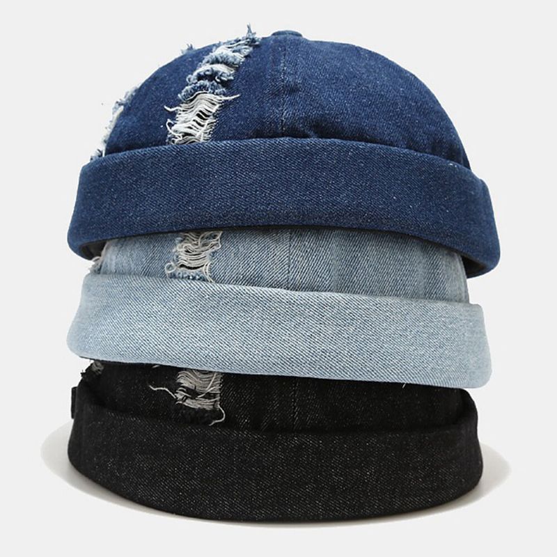 Unisex Denim Trasiga Hål Gjorda Gammalmode Utomhus Brättelös Mössa Hyresvärd Keps Skull Cap