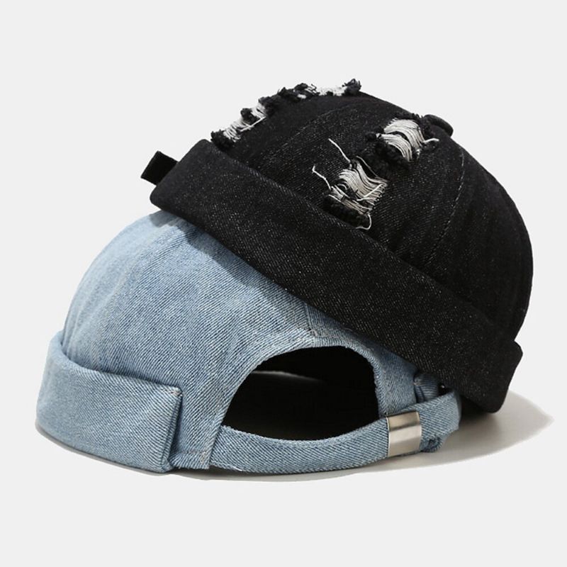 Unisex Denim Trasiga Hål Gjorda Gammalmode Utomhus Brättelös Mössa Hyresvärd Keps Skull Cap