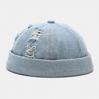 Unisex Denim Trasiga Hål Gjorda Gammalmode Utomhus Brättelös Mössa Hyresvärd Keps Skull Cap