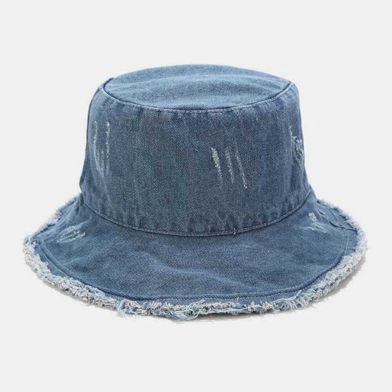 Unisex Denim Vikbar Trasiga Hål Tofs Gjord Gammal Retromode Utomhussolskydd Bucket Hat